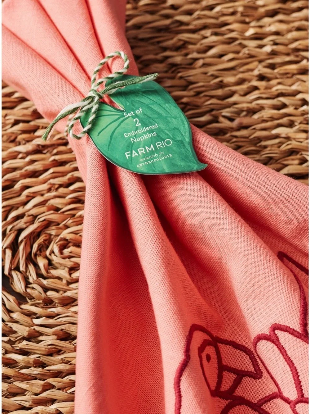 FARM Rio Tropical Bird Embroidered Napkin- set of 2 | Pink Parrot | NWT